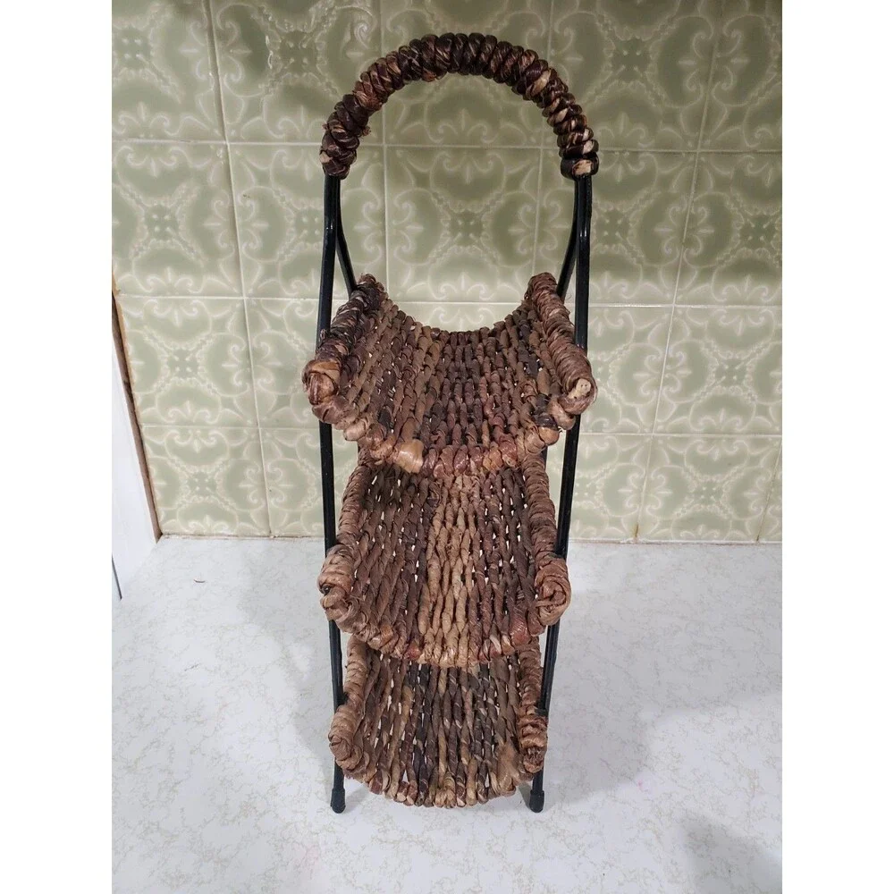 Black Wrought Iron and Woven Brown Rattan 3 Tiered Wine Rack - Holds 3 Bottles